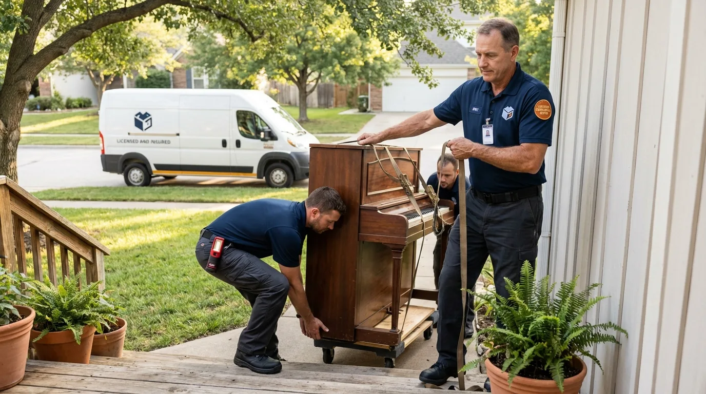 Licensed piano movers securing grand piano in Lumberton, MS