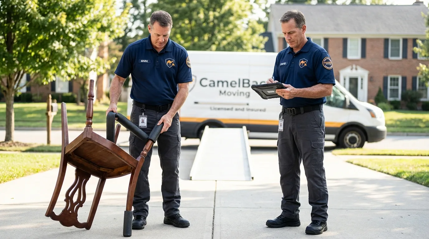 Movers inspecting furniture for damage prevention before loading in Lumberton, MS
