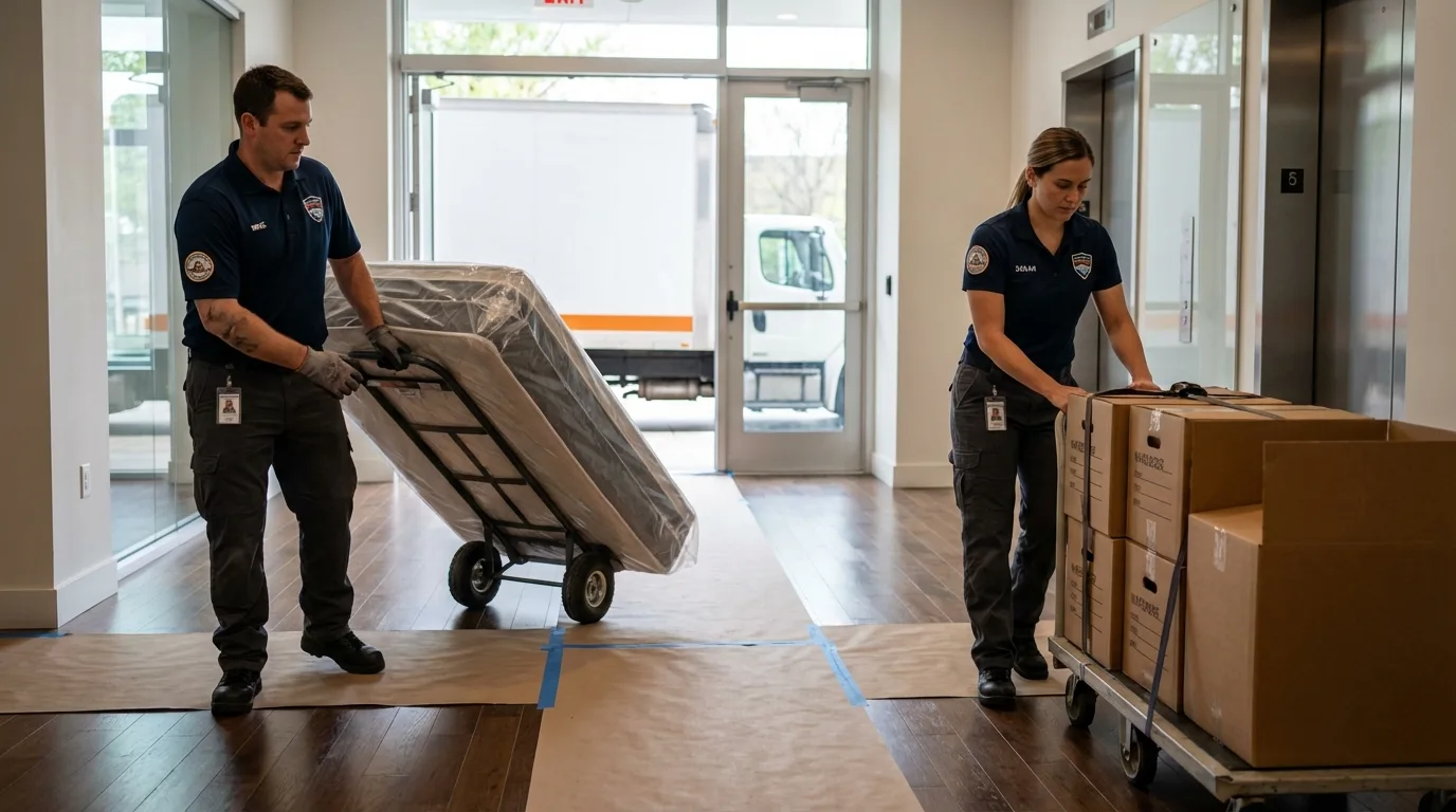 Professional apartment movers loading elevator in Lumberton, MS